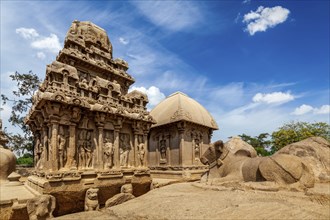 Five Rathas, ancient Hindu monolithic Indian rock-cut architecture. Mahabalipuram, Tamil Nadu,