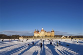 Moritzburg, castle park in winter with ice skaters on the frozen castle pond