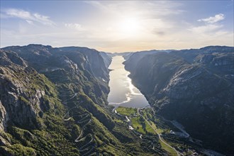 Winding road Lysevegen and village Lysebotn, hairpin bends, Lysefjord, Rogaland, Norway, Europe