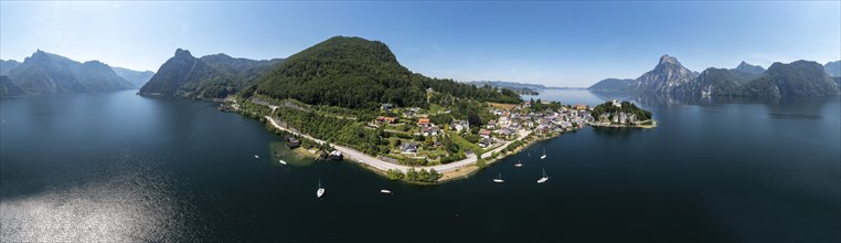 Drone shot, panorama shot, Johannesberg Chapel, Traunkirchen with Traunstein, Lake Lake Traun,