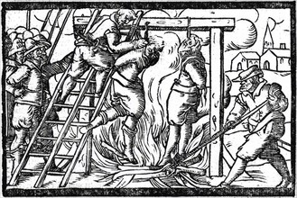 Burning of witches hanging on the gallows, around 1613 in Roermond in Holland, Historic, digitally