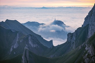 Alpstein, valley of Meglisalp at sunrise, high fog in the valley, SÃ¤ntis, Appenzell Ausserrhoden,