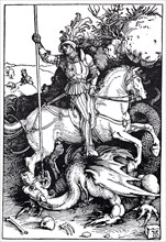 St. George, woodcut by Albrecht Dürer, historical, digital improved reproduction of an old woodcut