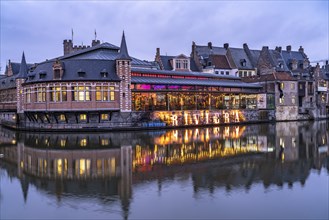 Bar Riviera by the river at dusk, Ghent, Belgium, Europe