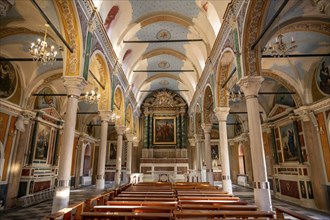 Interior view of the Basilica of San Giorgio in Ano Syros, nave with benches and altar, Ano Syros,