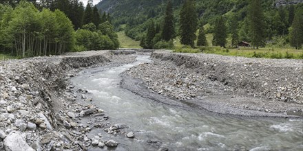 Illegal stream straightening in a nature reserve, Rappenalpbach in the Rappenalptal valley near