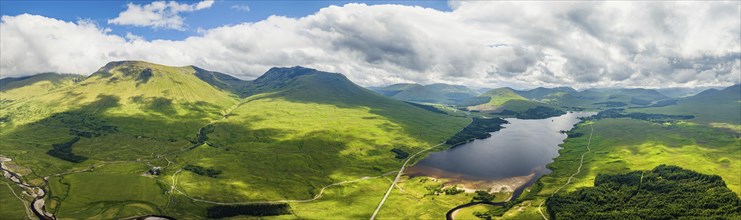 Panorama of Loch Tulla and Beinn Dorain from a drone, Glen Coe, Highlands, Scotland, UK