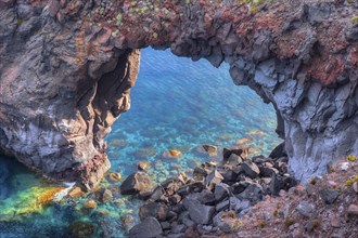 Rock gate in the water, detail, HDR, Spiaggia di Pollara, Pollara beach, Pollara, Salina, Aeolian