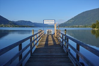 Lakeside, wooden jetty, jetty, sunrise, summer, Steindorf am Lake Ossiach, Lake Ossiach, Carinthia,