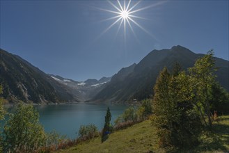 Schlegeisspeicher (1782m), glacier at Schlegeiskees, blue sky, backlight, Zillertal Alps, Tyrol,