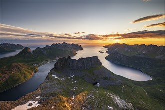 View over Senja's fjords and mountain peaks under the midnight sun, Mount Grytetippen, Senja,