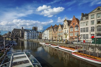 Travel Belgium medieval european city town background with canal. Koperlei street, Ghent, Belgium,