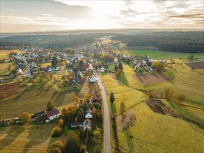 Aerial view of small village in evening sun, Oberreichenbach, Black Forest, Germany, Europe