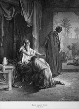 Bible, Isaac blesses Jacob, Genesis, 27, interior, table, jug, curtain, kneeling, view to the