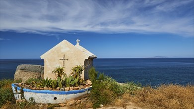 Small chapel, large planter, whiteMarettimo, Egadi Islands, Sicily, Italy, Europe