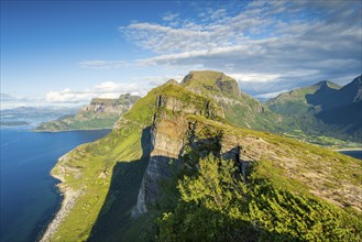 View from Finnesfjellet mountain to mountains and coast, Finnes, Helgeland coast, Bodo, Nordland,