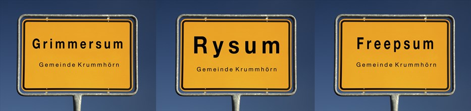 Place name signs for Grimmersum, Rysum and Freepsum, villages in the municipality of Krummhörn,