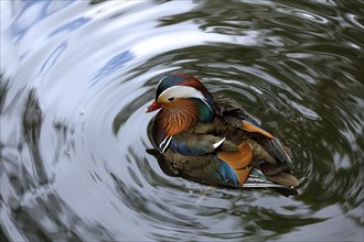 Mandarin ducks (Aix galericulata) male in pond, Tiergarten, Berlin, Germany, Europe