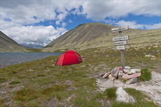 Tent by a mountain lake, Rendalen, Hedmark, Norway, July 2010, Europe