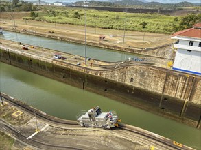 Water lock with a small vehicle on rails along the canal, panama city, panamakanl, panama, Central