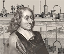 Portrait of Blaise Pascal with a page of Traitez de l'equilibre des liqueurs, et de la pesanteur de