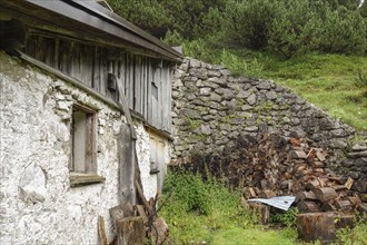 Old stone building with wooden panelling and piles of firewood next to it, surrounded by lush