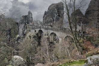 The Bastei Bridge in Saxon Switzerland. jagged rocks, viewing platform overlooking the Elbe.