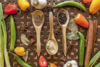 An assortment of veggies and spices and three wooden spoons