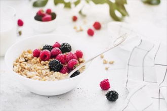 Morning healthy breakfast, white bowl full with granola, muesli, raspberry, blackberry on gray