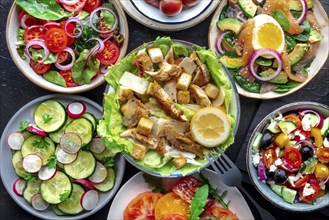 Fresh salads, overhead flat lay shot of an assortment. Variety of plates and bowls with green