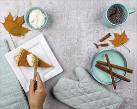 A flat lay photo with space for text of putting whipped cream on a slice of pumpkin pie and various