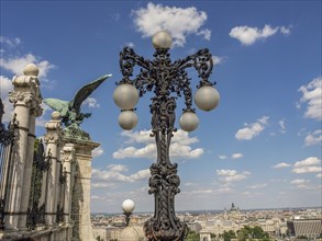 Artistic street lamp and green statue in front of a blue sky with clouds, budapest, danube, hungary