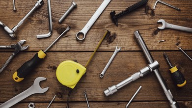 Flat lay with DYI composition of various work, carpentry tools knolled on brown wooden decks