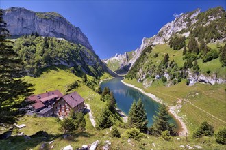 Fählensee with Bollenwees mountain inn in the Alpstein, Appenzell Alps, Canton Appenzell