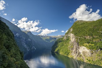 View of Geirangerfjord from Skagefla mountain farm, near Geiranger, More og Romsdal, Norway, Europe