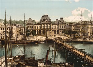 Stock Exchange and Docks, Le Havre, France, c. 1890, Historic, digitally enhanced reproduction of a