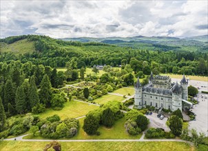 Inveraray Castle from a drone, Clan Campbell, Loch Fyne, Argyll, Scotland, UK