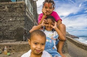 Happy children in row. San Antao. Cabo Verde. Africa