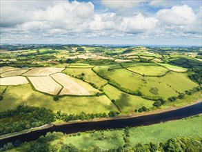 Sharpham Meadows and Marsh over River Dart from a drone, Totnes, Devon, England, United Kingdom,