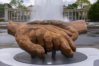 Raising Hands art project by the artist Julia Bugram, high-beam fountain at the memorial, Vienna,