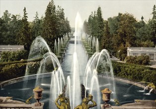 Peterhof, View over the fountain towards the sea, St. Petersburg, Russia, c. 1890, Historic,