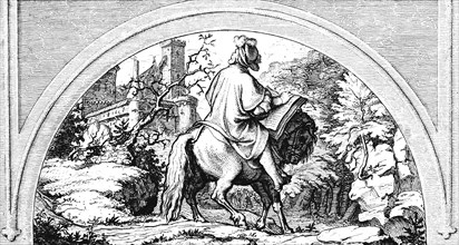 Martin Luther riding away from the Wartburg, horse, landscape, nature, way, bible, religion,