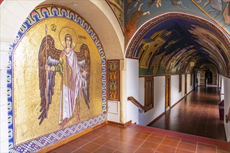 Mosaics in the corridor of Kykkos Monastery in the Troodos Mountains, Cyprus, Europe