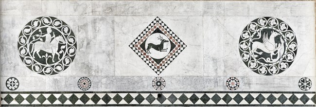 Rider, stag, griffin and bird, stone inlay, Romanesque, main façade, cathedral, Cattedrale di San