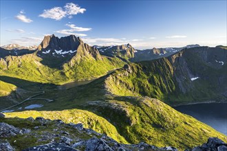 Fjord and mountains, view of Breidtinden peak, Senja, Norway, Europe