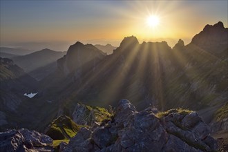 Alpstein mountains at sunrise, view of Seealpsee and Hoher Kasten mountain, Canton Appenzell