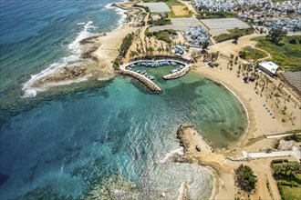 Agia Triada Beach or Trinity Beach seen from the air, Paralimni, Cyprus, Europe