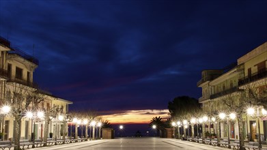 Zafferana Etnea, market place, lanterns, artificial lighting, dark blue night sky, dawn, Etna,