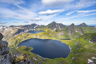 Mountain landscape with steep rocky peaks and lake Tennesvatnet and Krokvatnet, in the back peak of