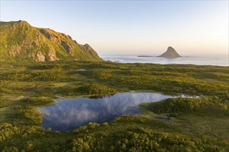 Landscape with lake and island in the sea, Bleik, Andoya Island, Vesteralen Archipelago, Norway,